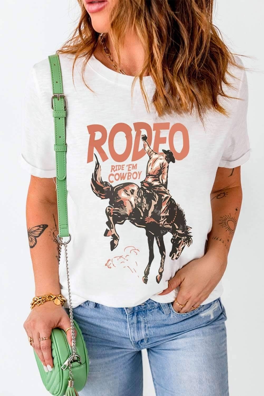 White Rodeo Cowboy Graphic Crewneck T Shirt