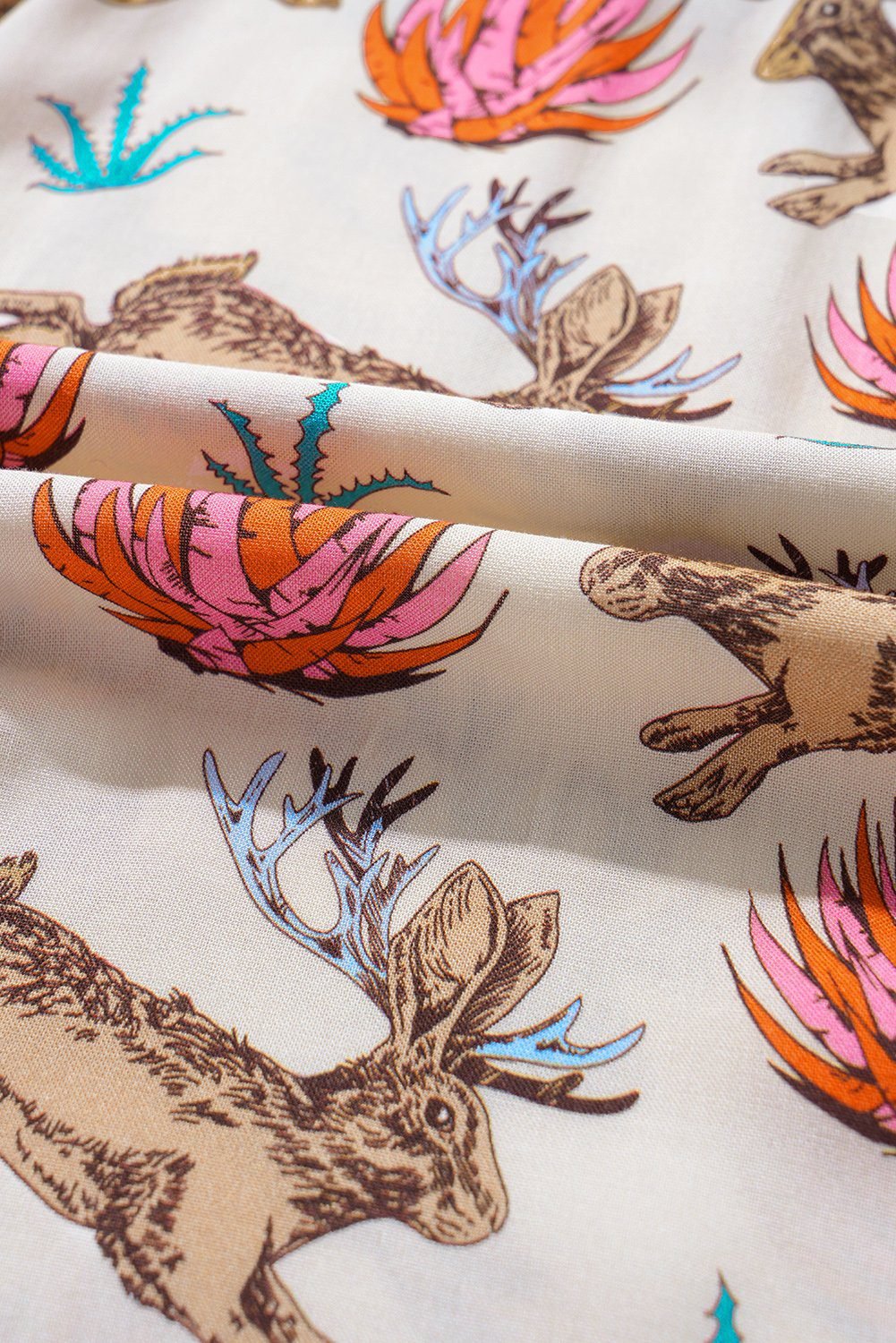 Khaki Plus Size Western Pattern Print Buttoned Short Sleeve Shirt