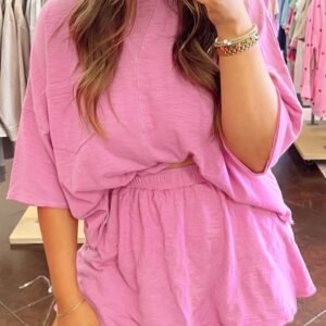 Sachet Pink Loose Fit Half Sleeve T Shirt And High Waist Skirt Set