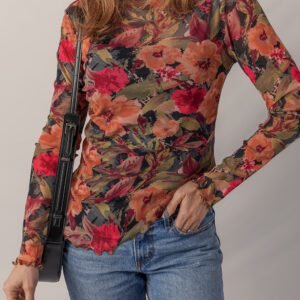 Multicolour Floral Print Lettuce Trim Long Sleeve Mesh Top