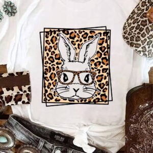 White Leopard Cute Bunny Graphic Crewneck Easter Tee
