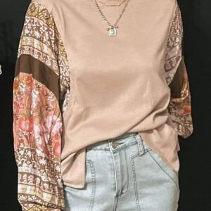 Parchment Contrast Floral Patchwork Puff Sleeve Waffle Knit Top
