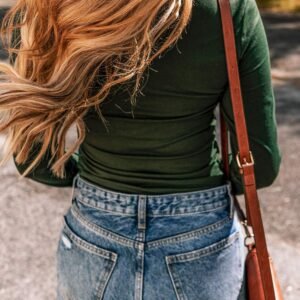 Blackish Green Solid Color Square Neck Long Sleeve Slim Fit Bodysuit