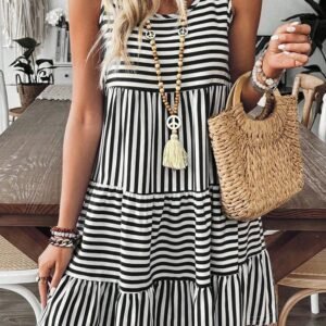 Black Stripe U Neck Sleeveless Loose Fit Mini Dress