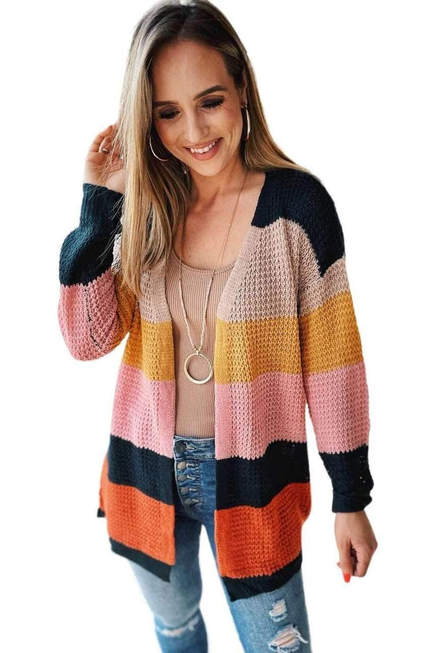 Waffle Knit Color Block Open Front Cardigan