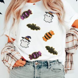 White Sequined Halloween Spirit Pattern Patched Custom Casual Tee