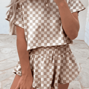 Brown Checkerboard T Shirt And High Waist Skorts 2 Piece Outfit