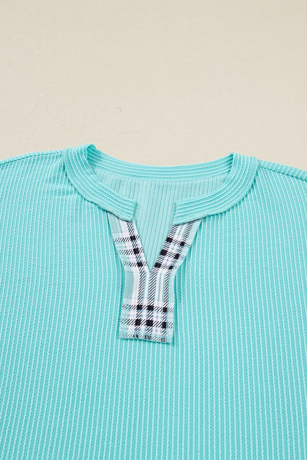 Aruba Blue Twist Ribbed Color Block Plaid Patchwork Plus Size Long Sleeve Top