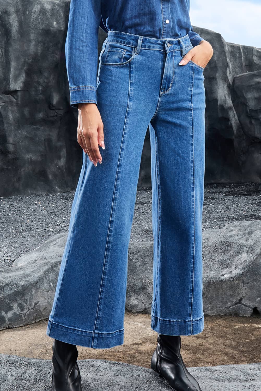 Dark Blue Plain Seam Detail Flared Bottom Ankle Length Jeans