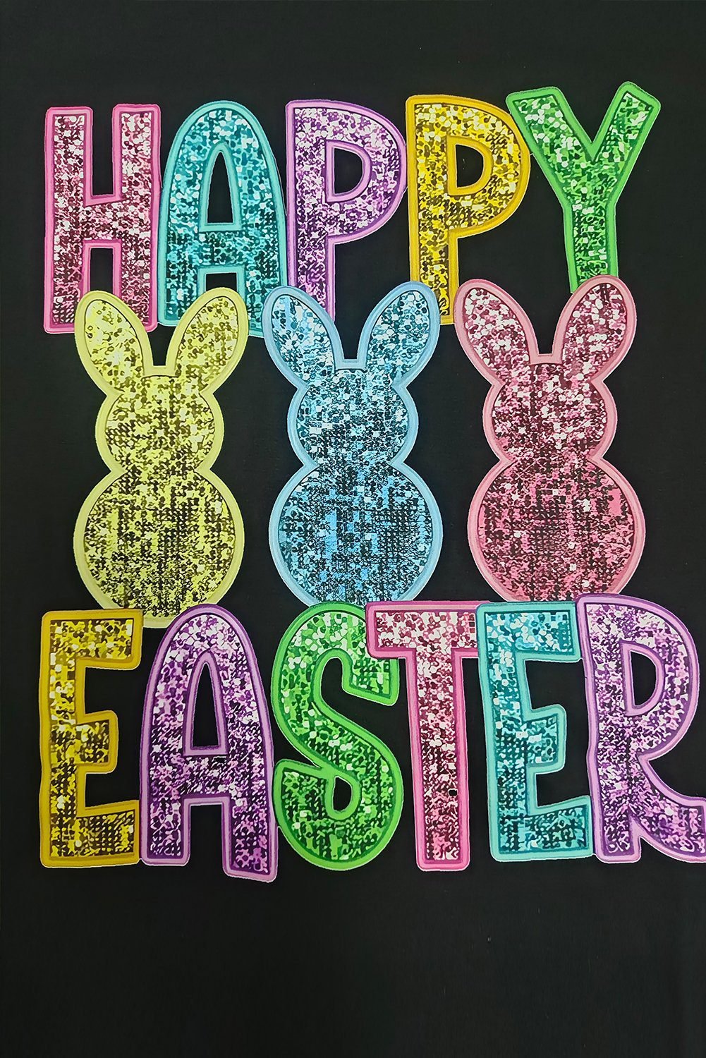 Black Glittering Bunny Happy Easter Graphic T Shirt
