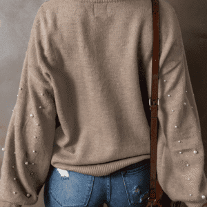 Smoke Gray Pearled Drop Shoulder Plus Size Sweater