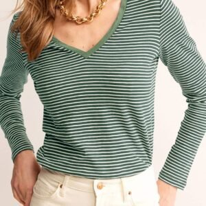 Green Stripe V Neck Stretchy Long Sleeve Top