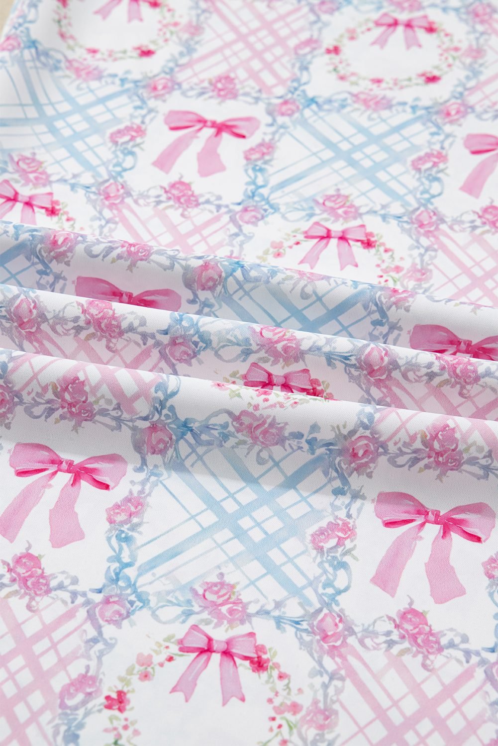 Pink Bow Wreath Pattern Christmas Holiday Tied Front Long Sleeve 2Pcs Pajama Set