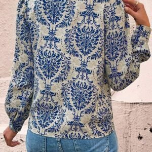 Sky Blue Bohemian Printed Bishop Sleeve Lace Shirt