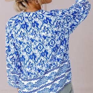 Blue Boho Printed 3/4 Sleeve Tied Neck Blouse