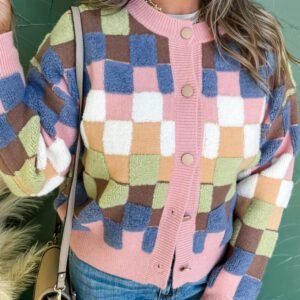 Multicolour Plush Checkered Pattern Button Front Cardigan Sweater