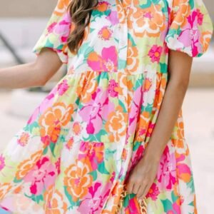 Pink Floral Puff Sleeve Collar Buttoned Babydoll Dress