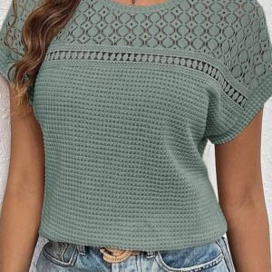 Mist Green Lace Patchwork Waffle Short Sleeve Top