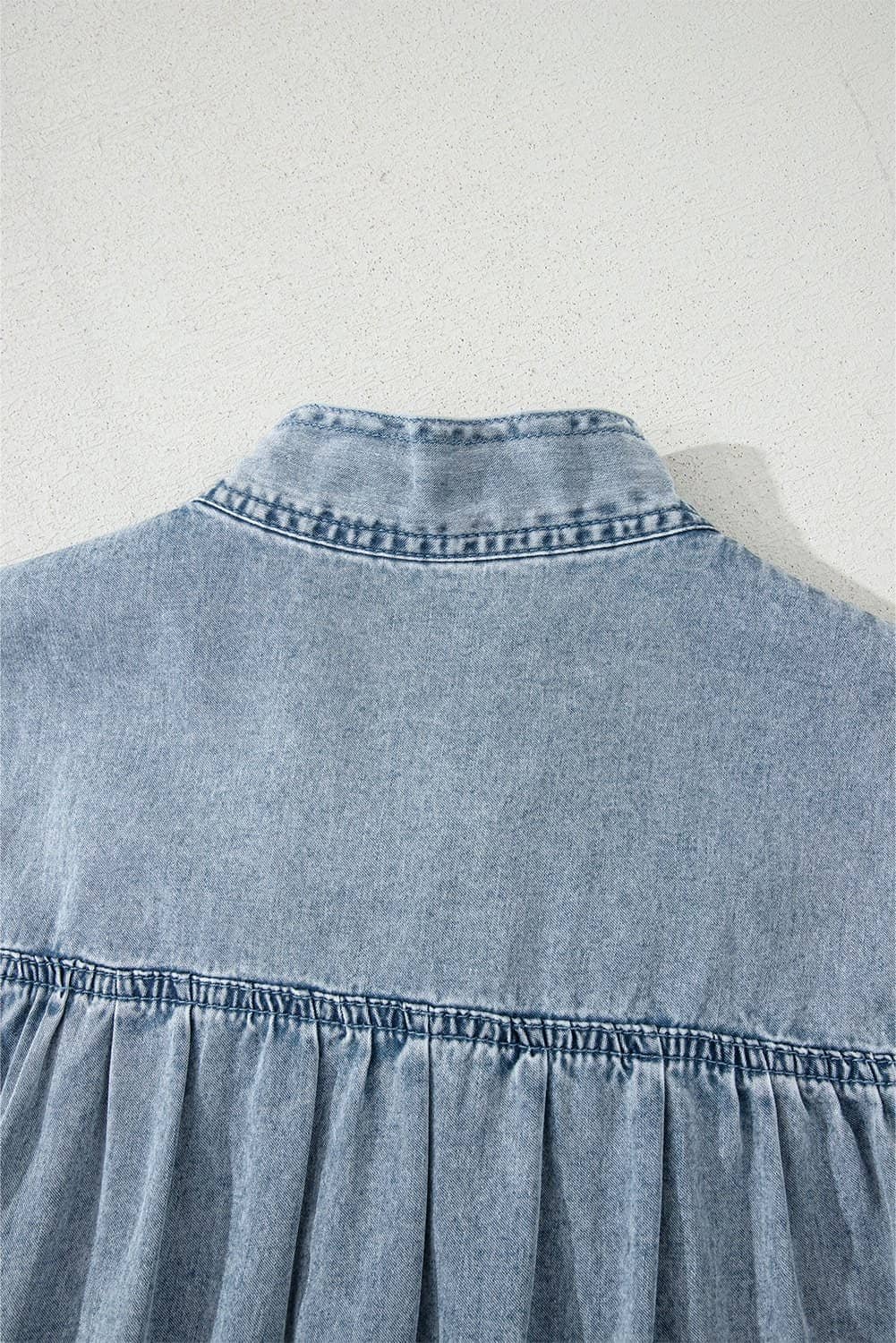 Real Teal Bowknot Neck Sleeveless Ruffled Chambray Dress