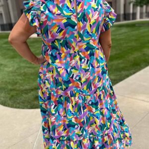Blue Geometric Print Ruffled Short Sleeve Plus Size Tiered Maxi Dress
