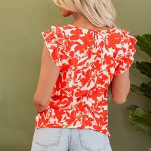 Orange Floral Ruffle Sleeve Print Top