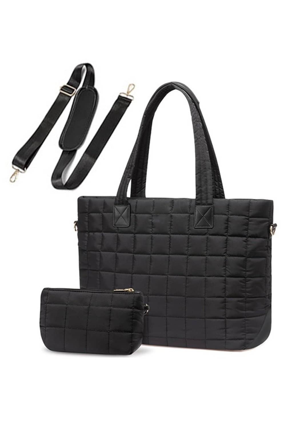 Black Quilted Patchwork Large Tote Bag And Clutch 2Pcs Set
