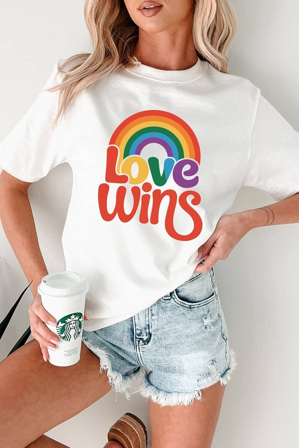 White Love Wins Pride Rainbow Graphic Casual T Shirt