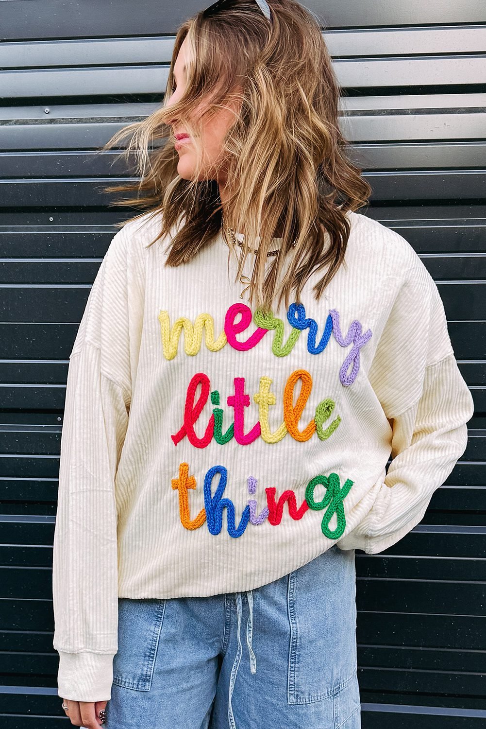 Beige Merry Little Thing Corded Letter Graphic Ribbed Loose Sweatshirt