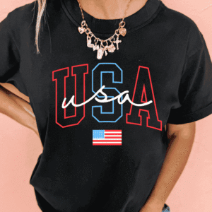 Black Usa Letter American Flag Print Casual T Shirt