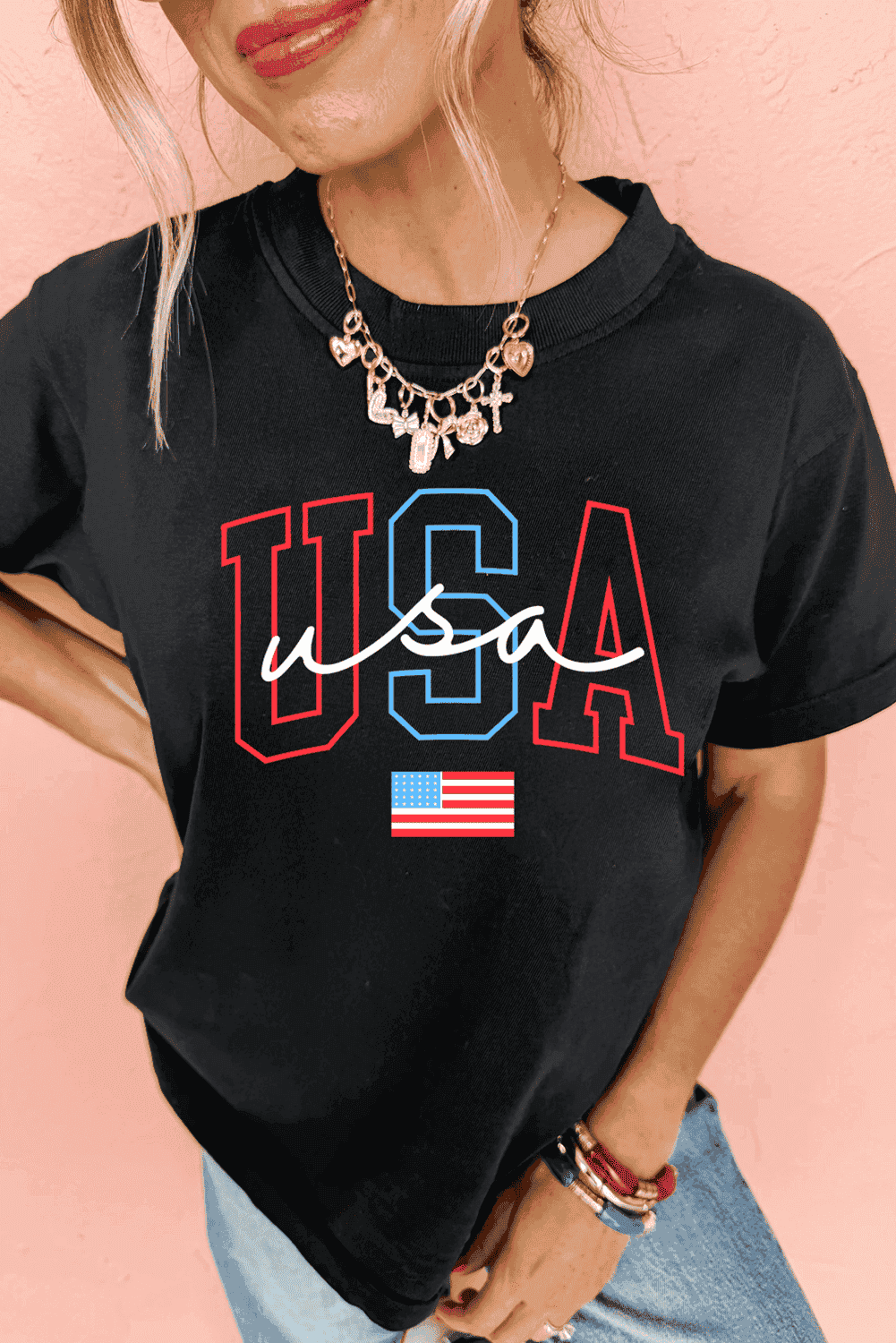 Black Usa Letter American Flag Print Casual T Shirt