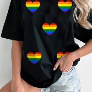 Black Heart Print Crew Neck Chic T Shirt