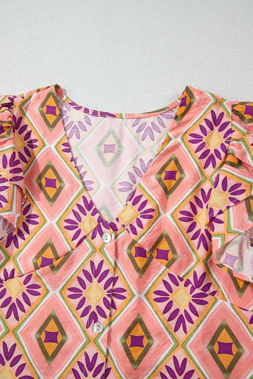 Orange Geometric Floral V Neck Buttoned Ruffled Sleeve Mini Dress