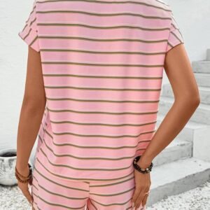 Pink Stripe Wide Short Sleeve Tee And Short Set