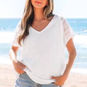 White Lace Crochet Textured Button Back V Neck T Shirt