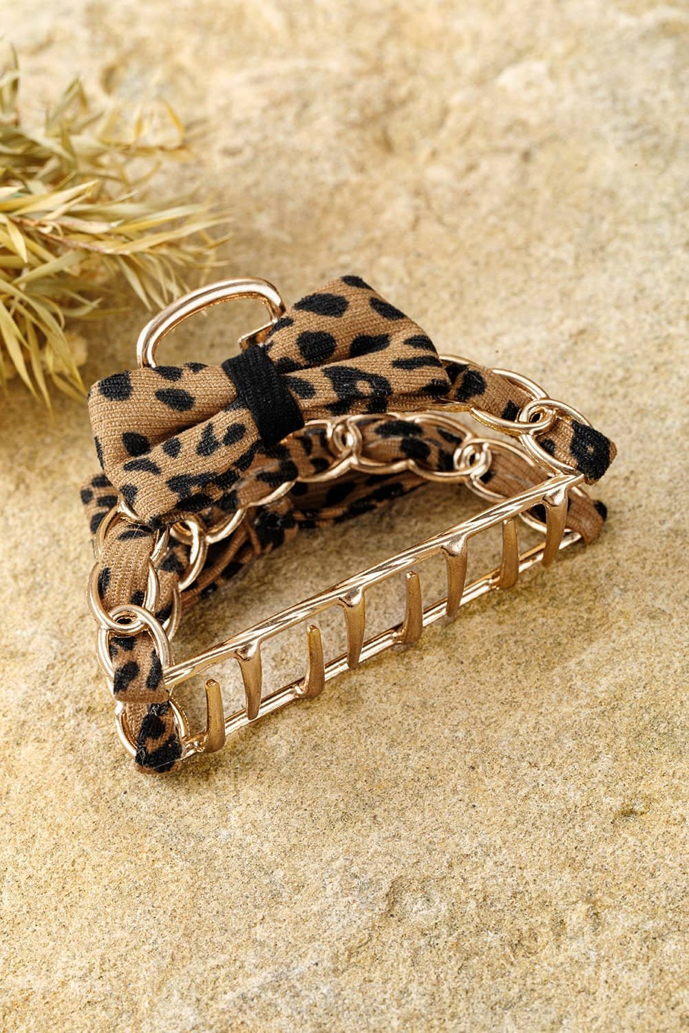 Camel Leopard Print Bow Decor Alloy Hair Claw Clip