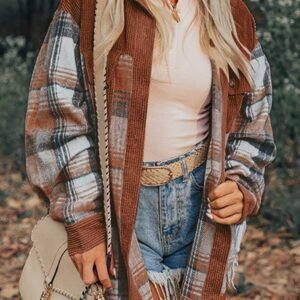 Cinnamon Plaid Corduroy Patchwork Chest Pocket Shacket