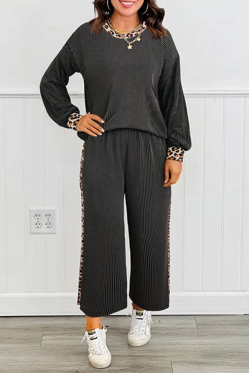 Carbon Grey Twisted Rib Texture Leopard Patchwork Detail 2Pcs Pant Set