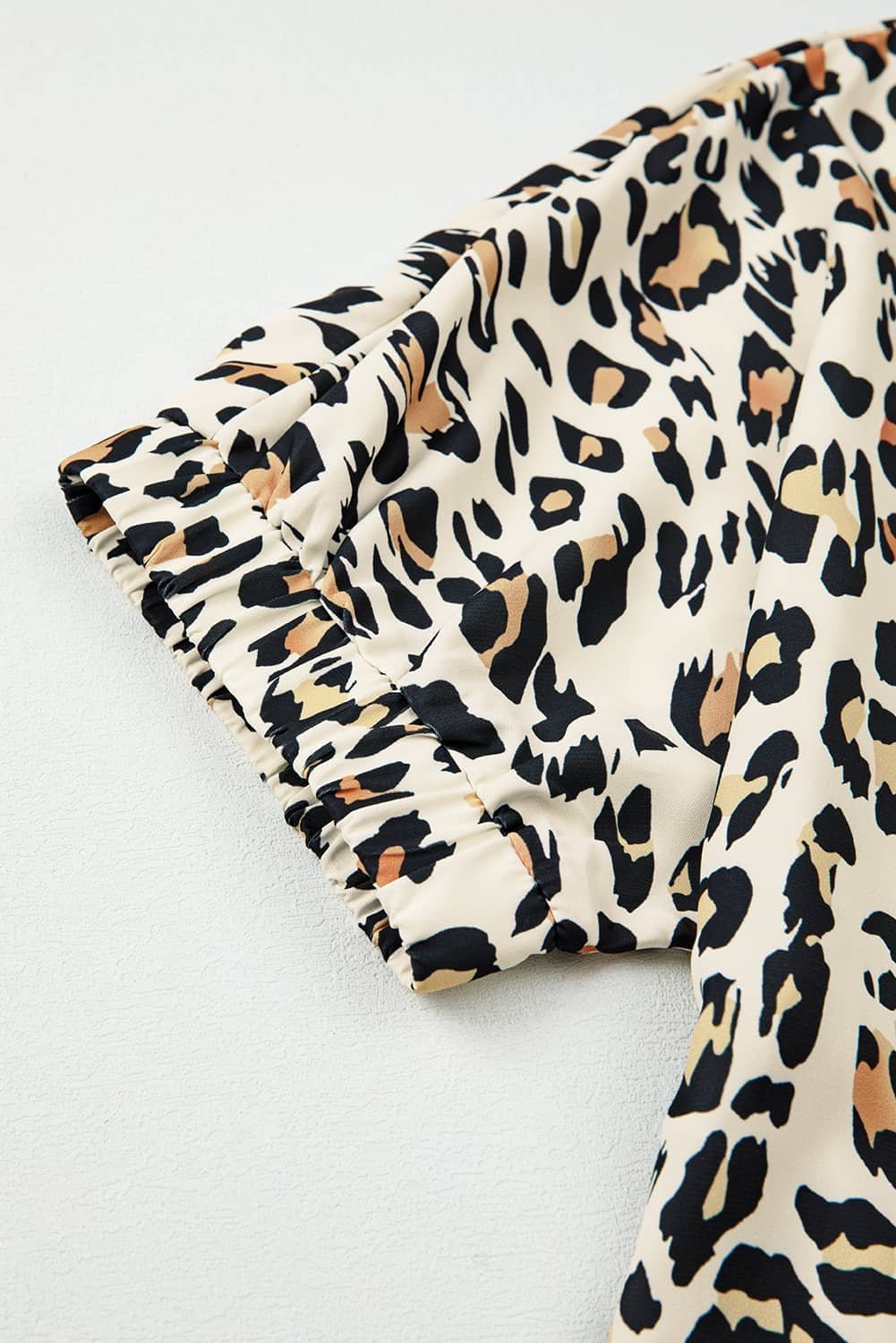 Khaki Leopard Color Block Contrast Striped V Neck Half Sleeve Loose Fit Blouse