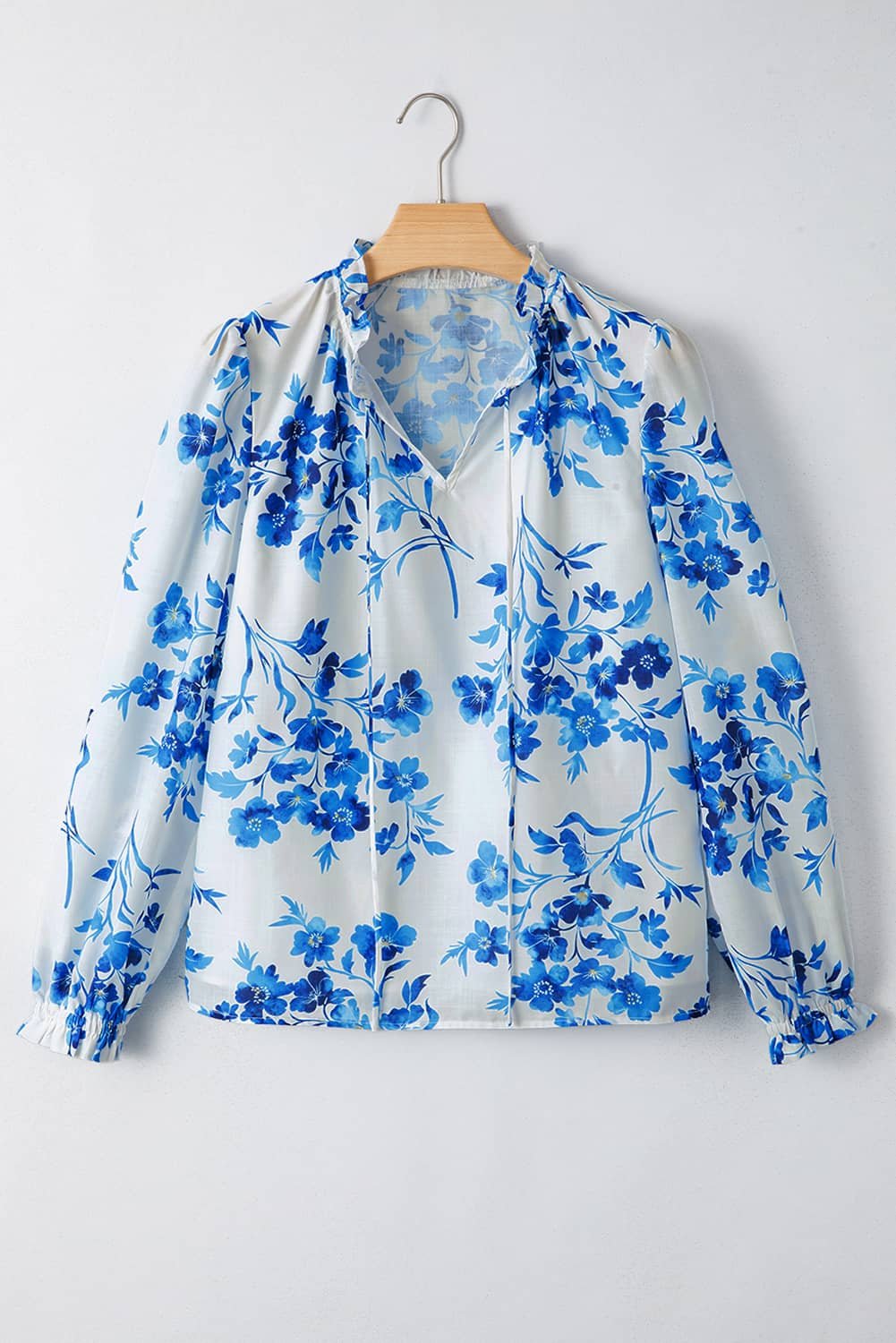 Blue Floral Long Sleeve Lace-Up V Neck Blouse