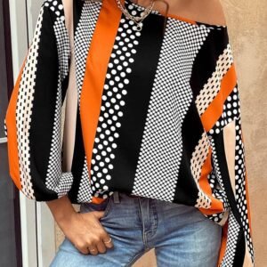 Orange Polka Dot Vertical Striped Printed Puff Sleeve Blouse