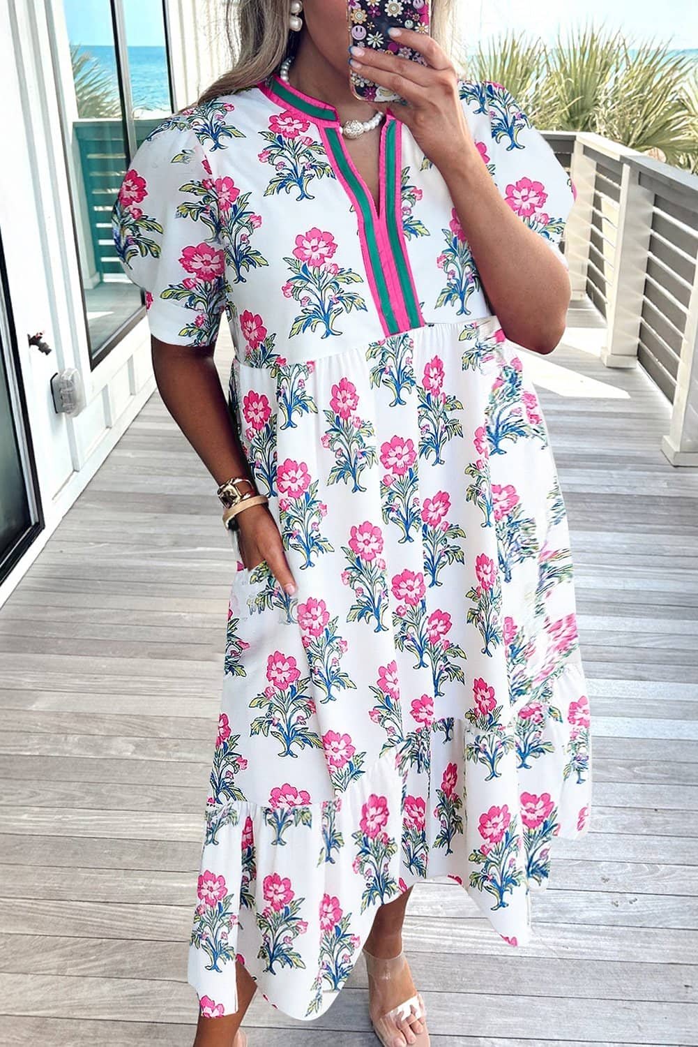 White Allover Print Contrast Split Neckline Short Puff Sleeve Curvy Dress