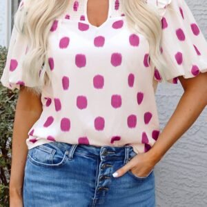 Rose Polka Dot Print Shirred Yoke Notched Neck Balloon Sleeve Blouse