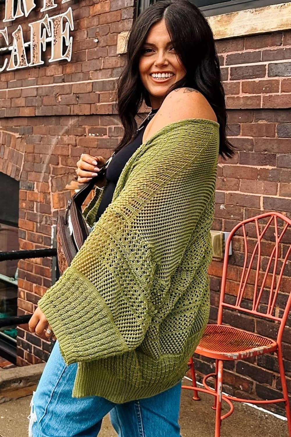 Spinach Green Oversize Crochet Knit Open Cardigan