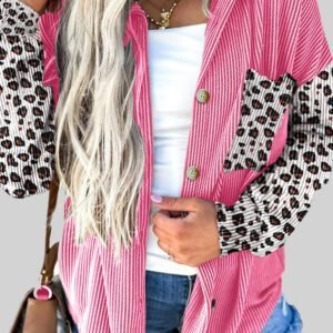 Rose Red Leopard Patched Twisted Ribbed Western Casual Shacket