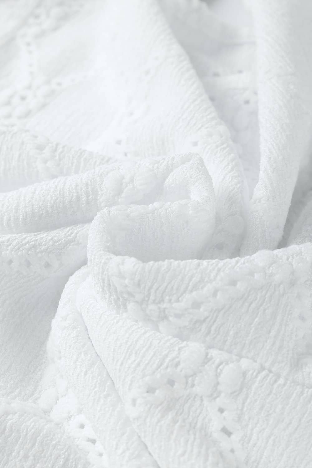 White Flower Geometric Textured Button Short Sleeve Top