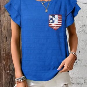 Dark Blue Textured Sequin Stars And Stripes Patched Ruffled Short Sleeve Blouse