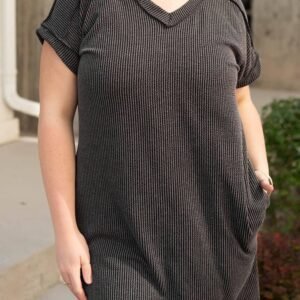 Carbon Grey Corded V Neck Plus Size T Shirt Dress With Pockets