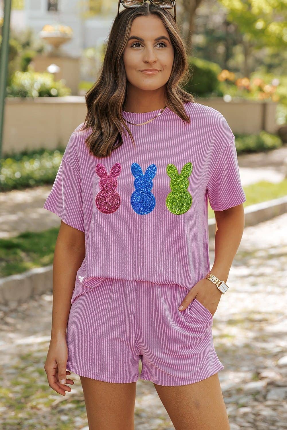 Phalaenopsis Shiny Bunny Doll Patched Loose Tee And Shorts Corded 2Pcs Outfit