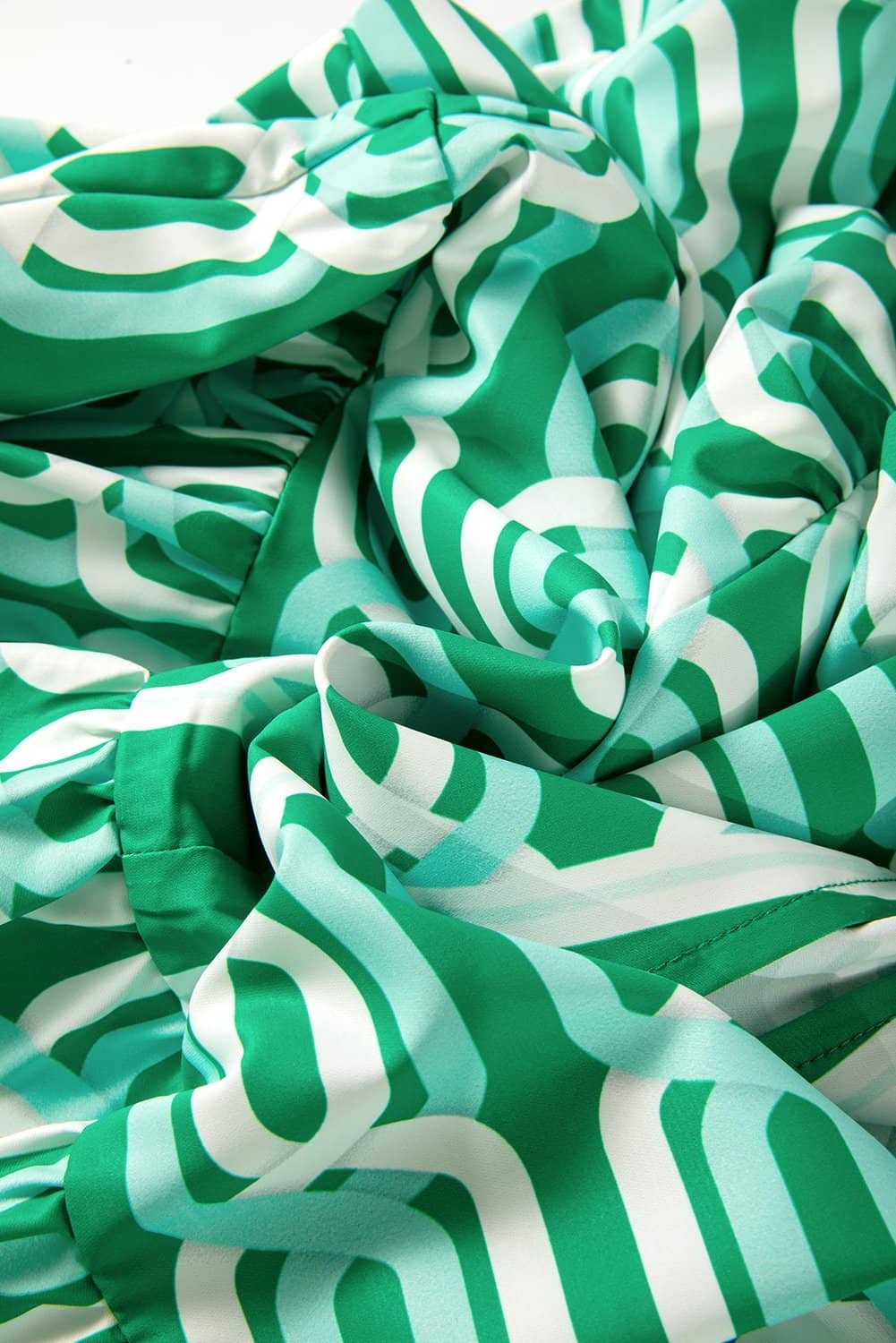 Bright Green Abstract Patterned V Neck Puff Short Sleeve Mini Dress