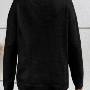 Black Boo Knitted Pattern Ribbed Edge Drop Shoulder Sweater